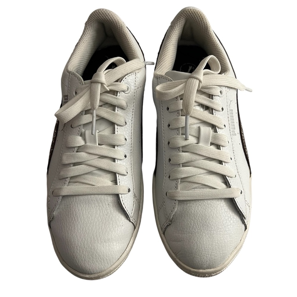 PUMA SNEAKERS, Women’s 6.5, White Leather w/ Snake Print Accent, Very Good Cond.